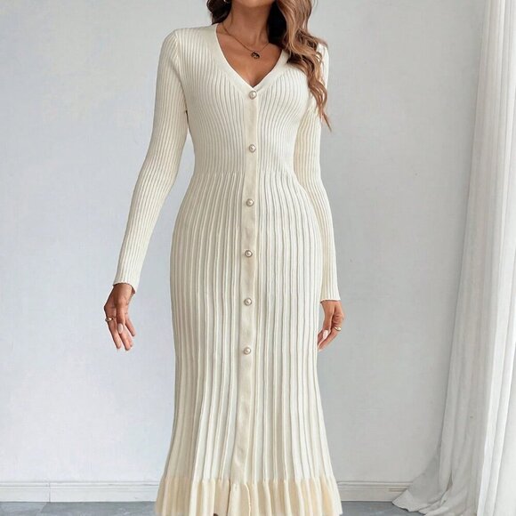 Apricot Elegant Women's V-Neck Long Sleeve Buttoned Pleated A-Line Sweater Dress - Picture 5 of 6